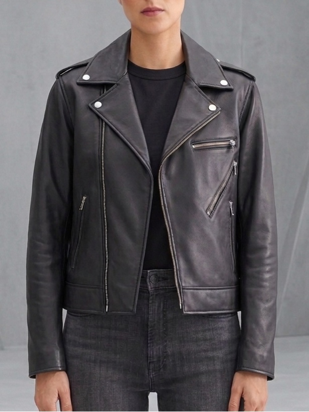 7 For All Mankind Zipper Leather Moto Jacket In Jet Black Medium